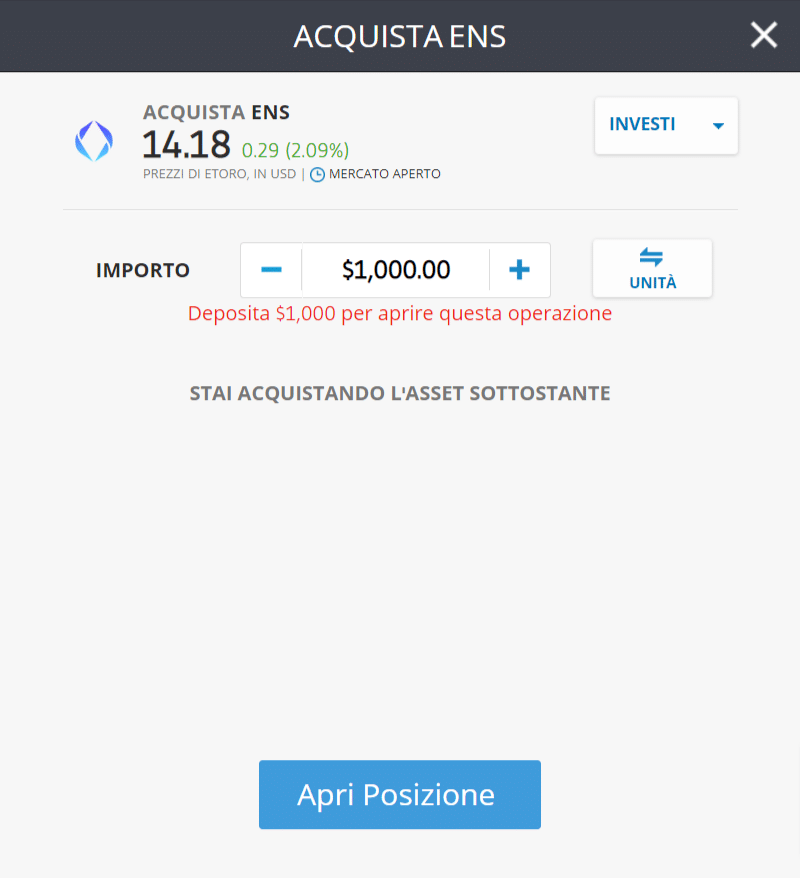 Screenshot della schermata per acquistare Ethereum Name Service (ENS) sulla piattaforma di trading di eToro.