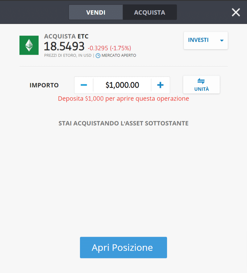 Screenshot tratto dalla piattaforma di trading di eToro, della schermata per l'acquisto di Ethereum Classic (ETC).