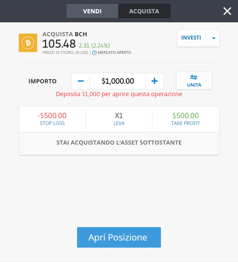 Screenshot della schermata per l'acquisto di Bitcoin Cash (BCH) sulla piattaforma di trading di eToro.