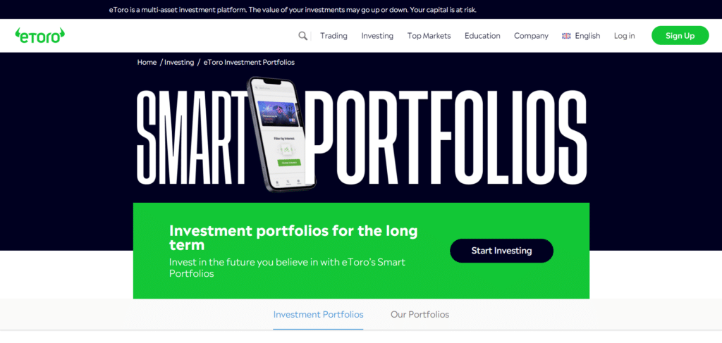 Immagine che mostra gli SmartPorfolios di eToro.