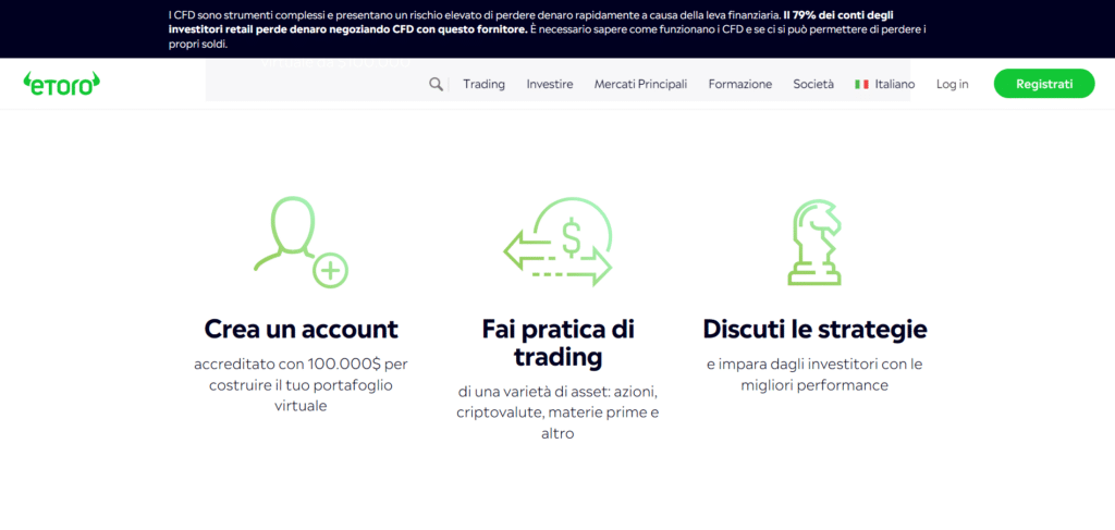 Immagine che mostra la possibilità di aprire un conto demo completamente gratuito sulla piattaforma di trading di eToro.