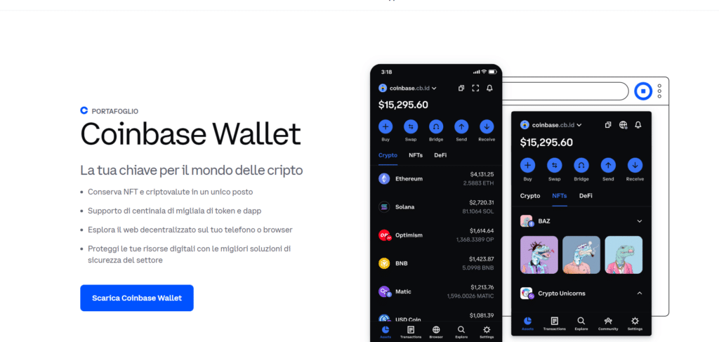 Immagine che il wallet gratuito offerto da Coinbase.