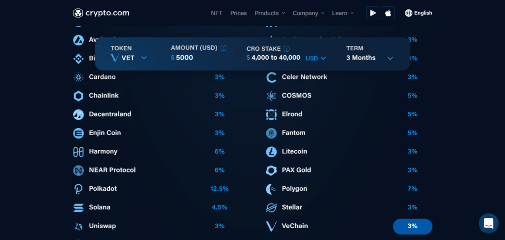 Immagine che mostra le diverse criptovalute che è possibile mettere in staking sulla piattaforma di Crypto.com