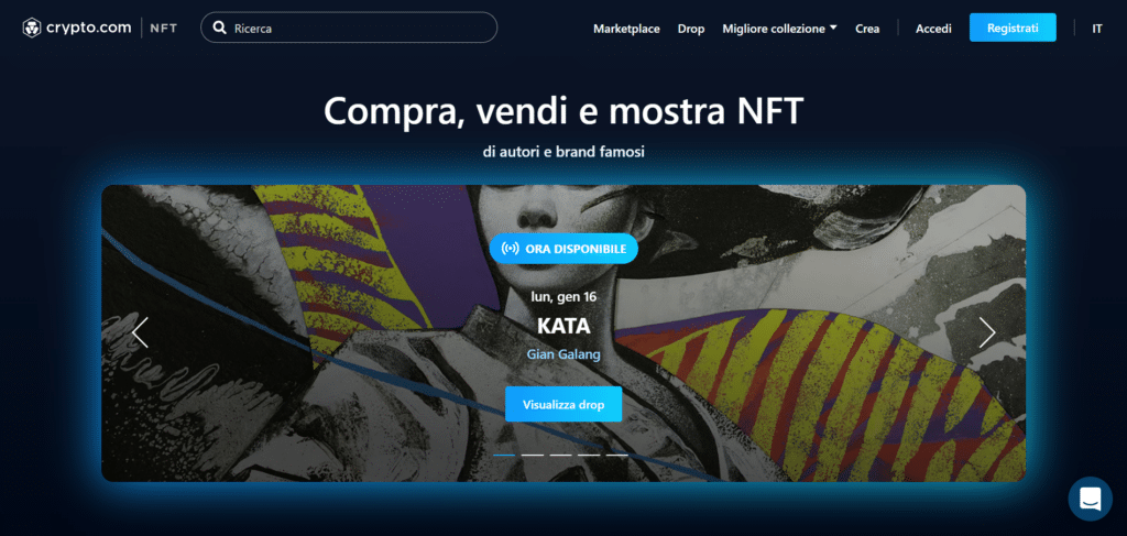 Immagine che mostra il mercato di Crypto.com completamente dedicato agli NFT.