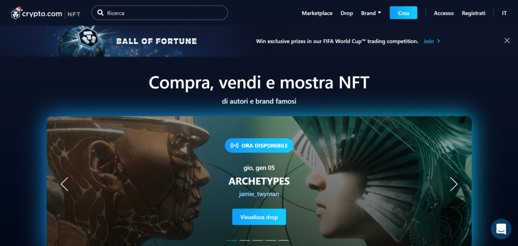 Immagine che mostra il mercato completamente dedicato agli NFT sulla piattaforma di Crypto.com
