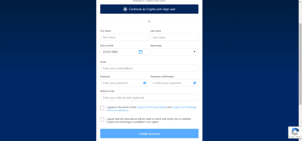 Screenshot della schermata per la registrazione sulla piattaforma di Crypto.com