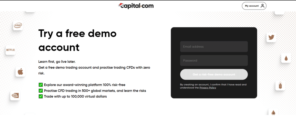 Immagine che mostra il conto demo offerto da Capital.com
