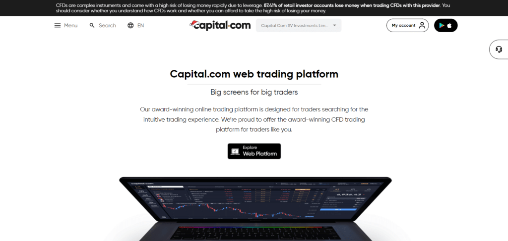 Immagine che mostra la piattaforma web di Capital.com vincitrice di vari premi come miglior piattaforma per il trading di CFD.