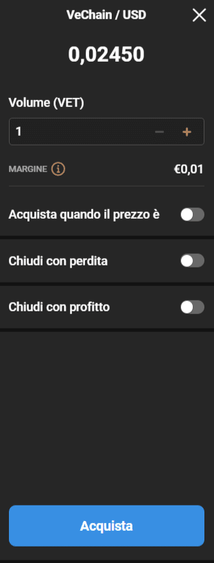 Screenshot della schermata per l'impostazione dell'ordine di VeChain (VET)