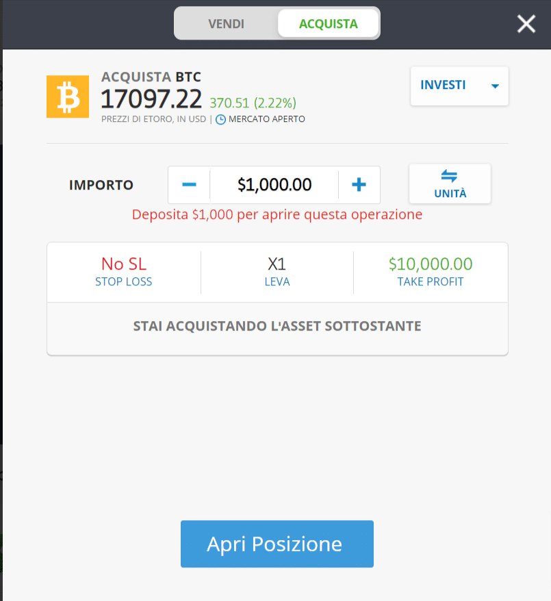 Screenshot della schermata per l'acquisto di Bitcoin (BTC) sulla piattaforma di trading di eToro.