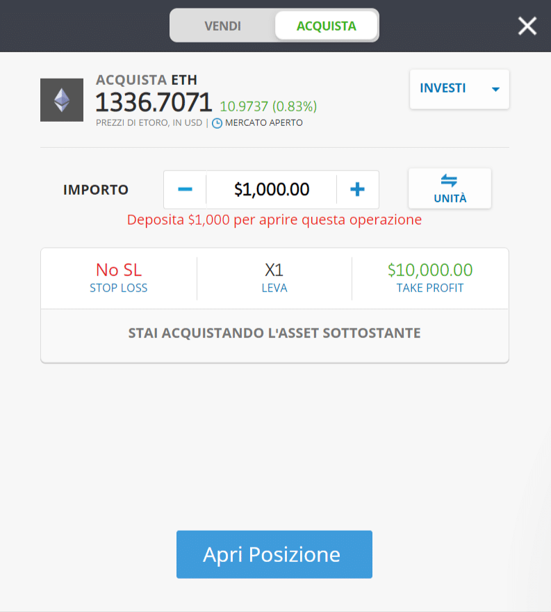 Screenshot della schermata per l'acquisto di Ethereum (ETH) sulla piattaforma di trading di eToro.