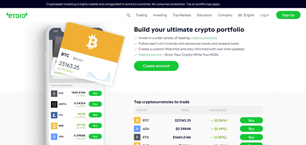 Immagine che mostra alcune delle criptovalute offerte da eToro