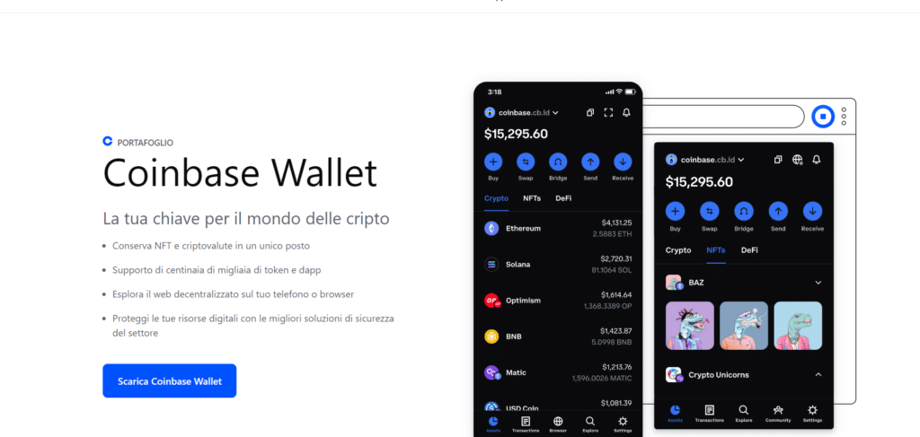 Immagine che mostra Coinbase Wallet, il wallet virtuale offerto da Coinbase sul quale custodire le tue criptovalute.