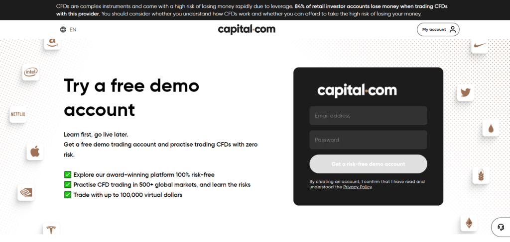 Immagine che mostra la possibilità di poter fare pratica con l'account demo offerto da Capital.com