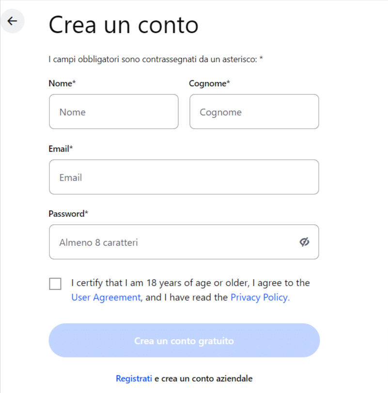 Sceenshot della schermata di registrazione sulla piataforma di Coinbase.