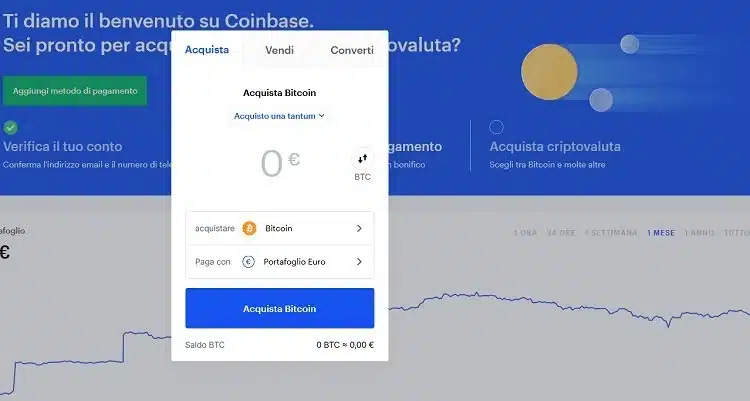 Screenshot della schermata per l'acquisto di Bitcoin (BTC) su Coinbase.