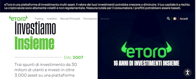 Homepage di eToro