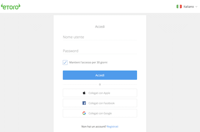 Form per iscriversi a eToro
