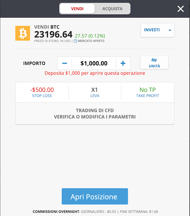 Apri una posizione di vendita su eToro