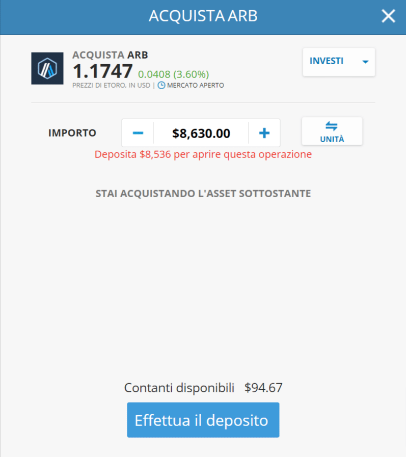 Screenshot della schermata per l'acquisto di Arbitrum (ARB) su eToro.