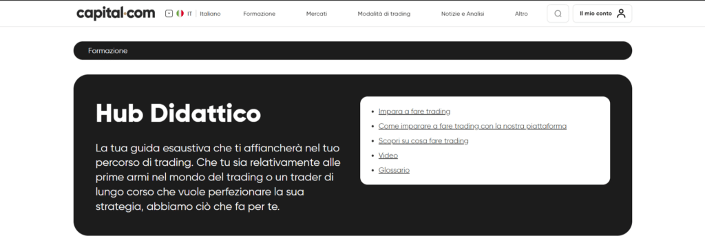 Immagine che mostra l'hub didattico di Capital.com