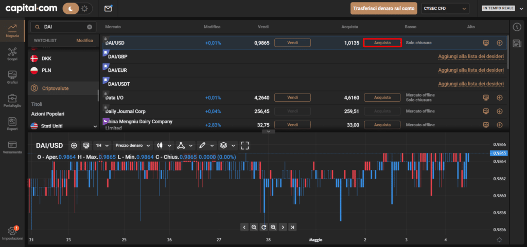 Screenshot della schermata di Capital.com per l'acquisto di Dai (DAI).
